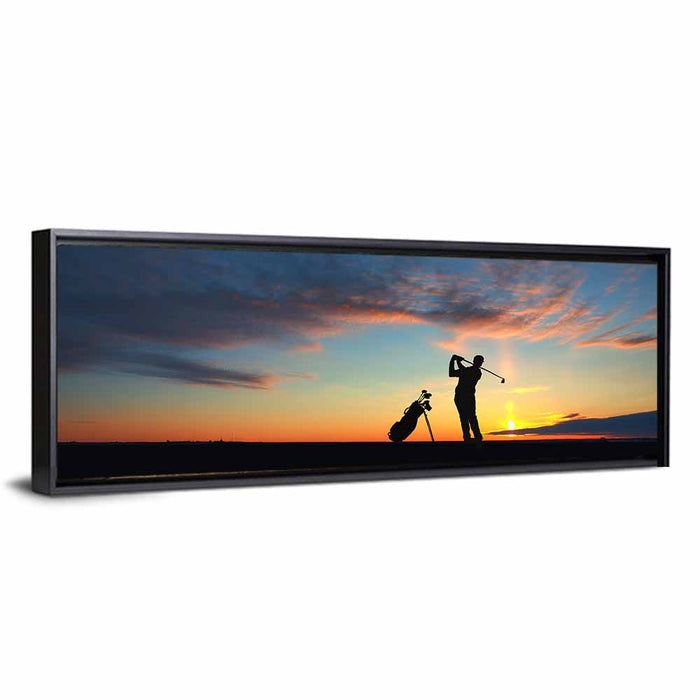 Sunset Golfer Silhouette Wall Art as a framed canvas