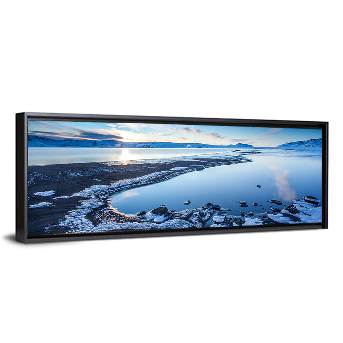 Lake Kleifarvatn Icy Shoreline Wall Art as a framed canvas