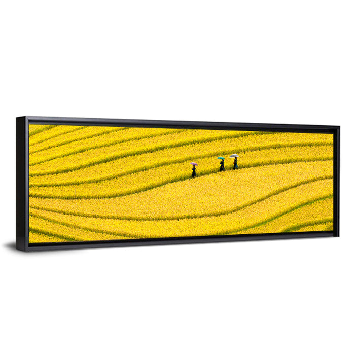 Golden Rice Terraces with Umbrellas Wall Art as a framed canvas