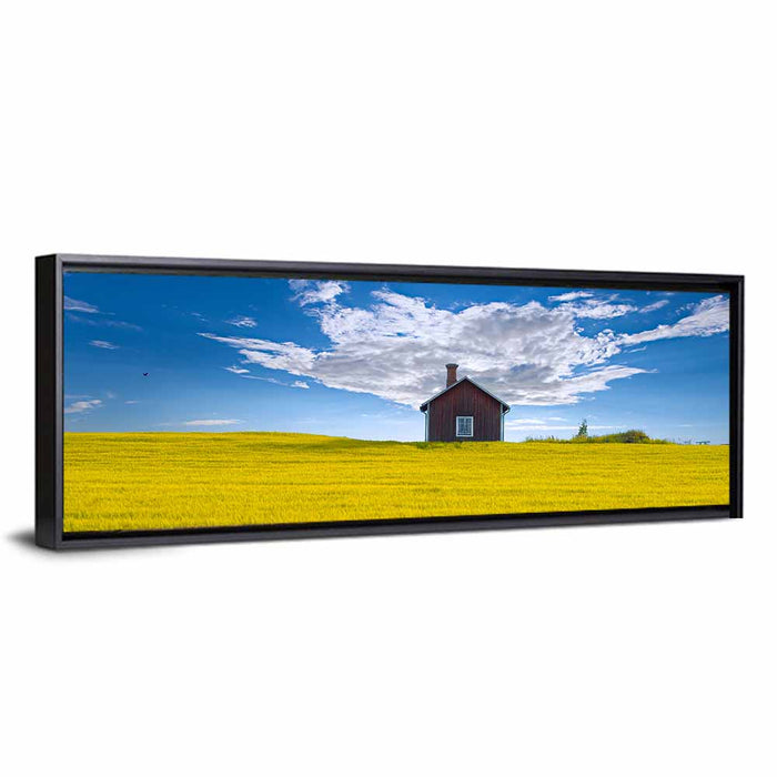 Red Barn in Golden Wheat Field Wall Art as a framed canvas