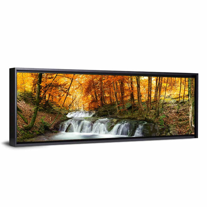 Autumn Forest Waterfall Wall Art as a framed canvas