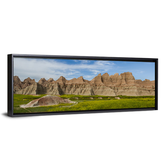 Badlands Meadow and Rock Formations Wall Art as a framed canvas