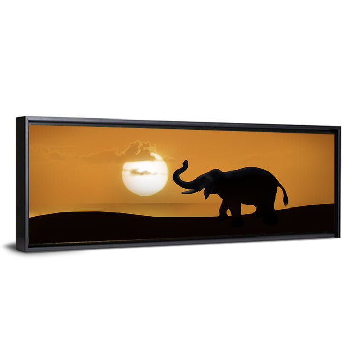 Elephant at Sunset Wall Art as a framed canvas