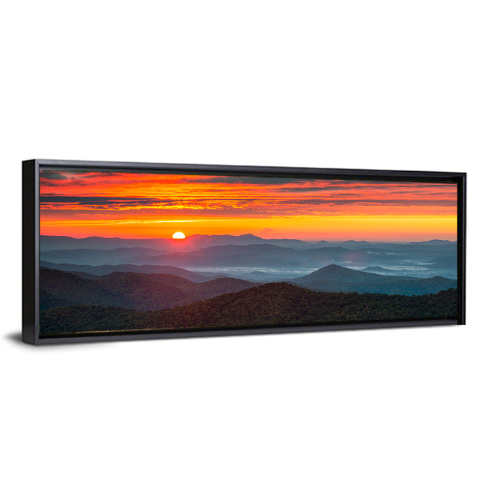 Blue Ridge Sunrise Over Misty Ridges Wall Art as a framed canvas