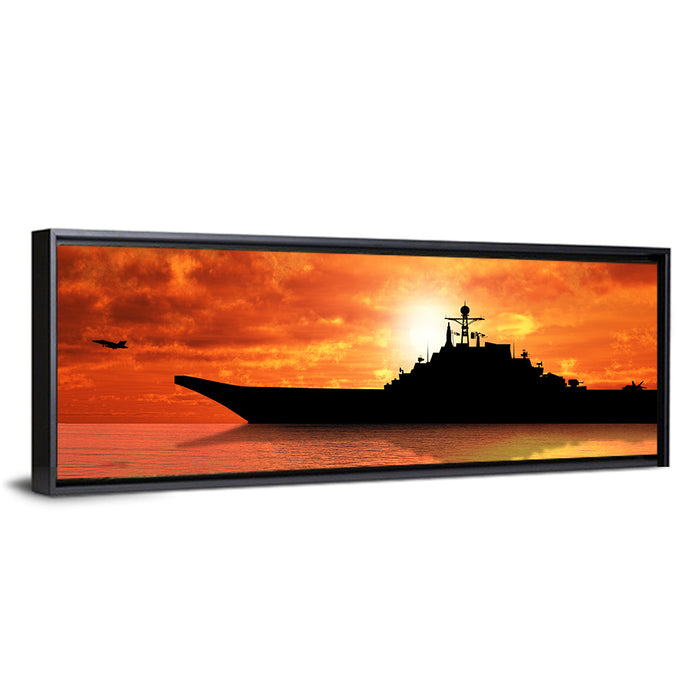 Sunset Aircraft Carrier Silhouette Wall Art as a framed canvas