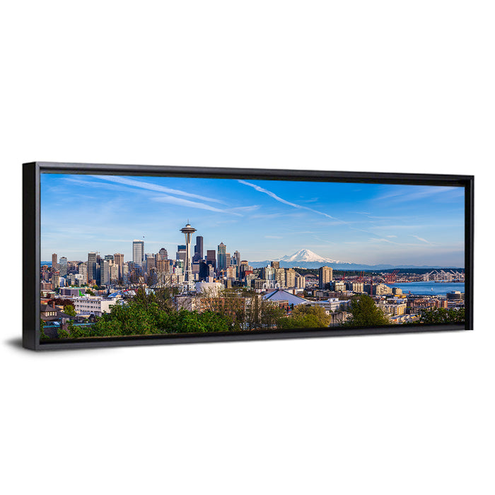 Seattle Skyline with Mount Rainier Wall Art as a framed canvas