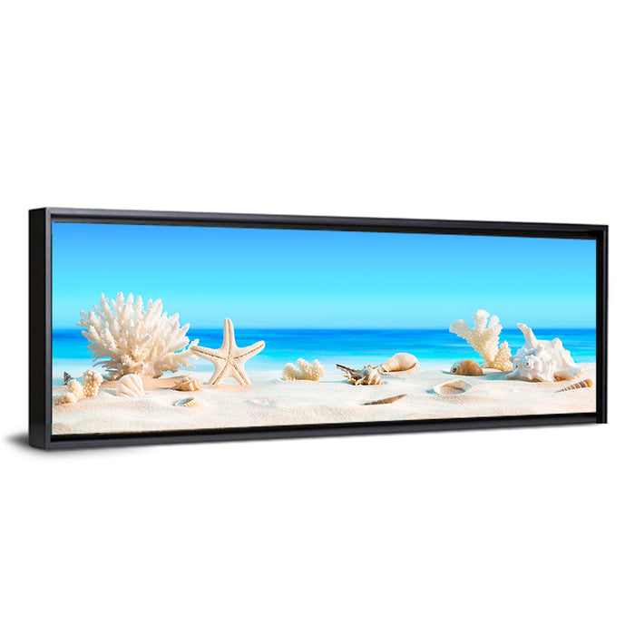 Seashells on Turquoise Shore Wall Art as a framed canvas