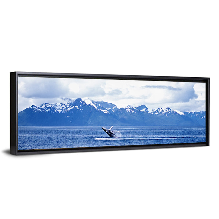 Humpback Whale with Snow Capped Mountains Wall Art as a framed canvas