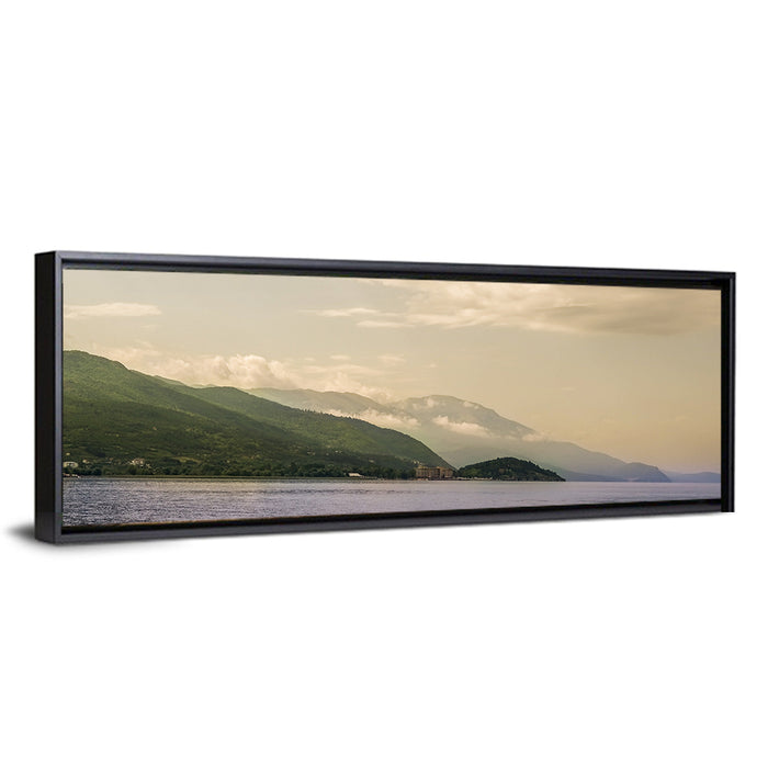 Ohrid Lakeshore Mountain View Wall Art as a framed canvas