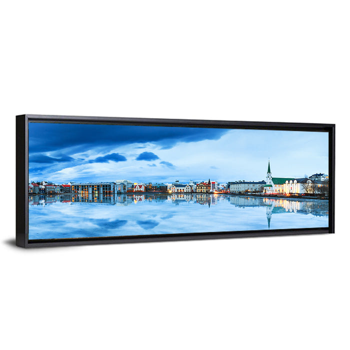 Reykjavik Tjornin Reflection Wall Art as a framed canvas