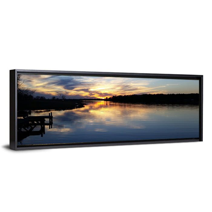 Lake Palestine Pier at Sunset Wall Art as a framed canvas