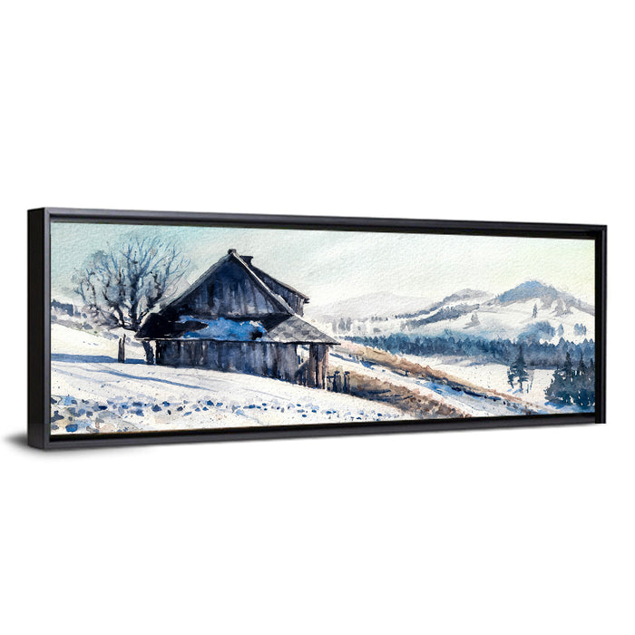 Snowy Mountain Cabin Wall Art as a framed canvas