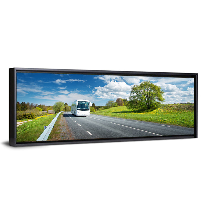 White Bus on Meadow Road Wall Art as a framed canvas