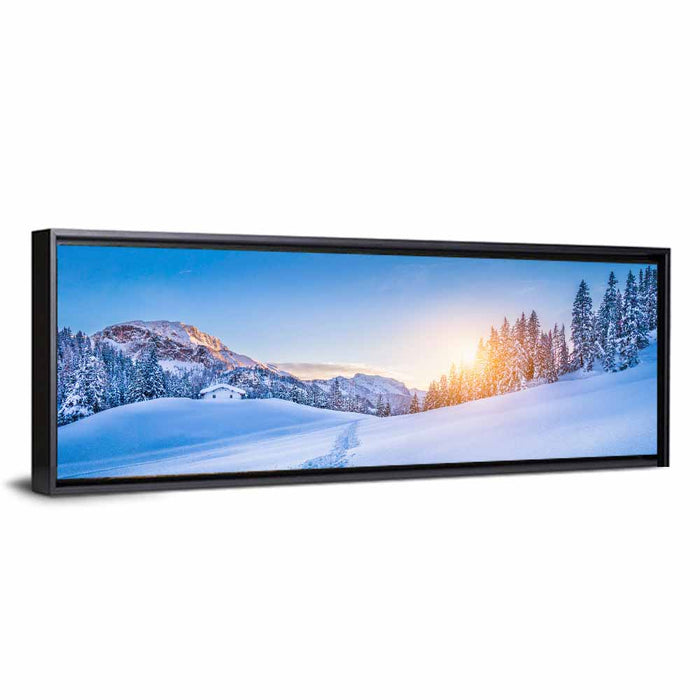 Snowy Mountain Chalet Sunset Wall Art as a framed canvas