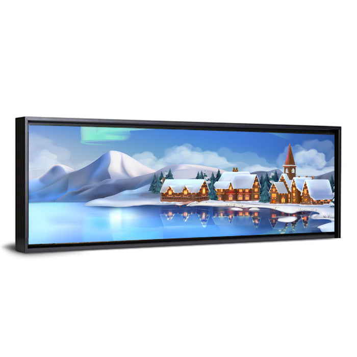 Northern Lights Winter Village Wall Art as a framed canvas