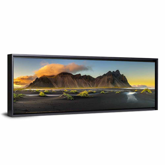Vestrahorn Black Sand Sunrise Wall Art as a framed canvas