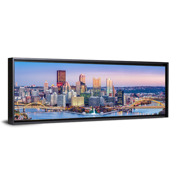 Pittsburgh Twilight Skyline Wall Art as a framed canvas
