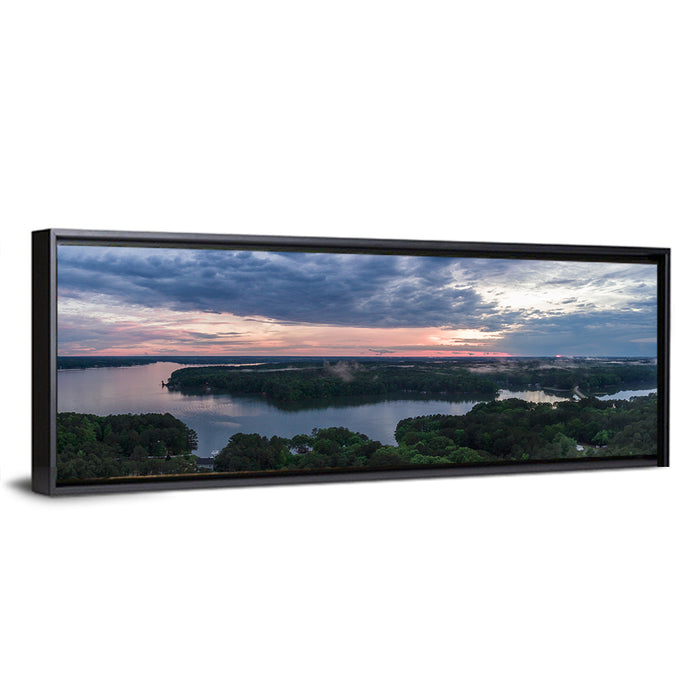 Lake Gaston Mist at Dusk Wall Art as a framed canvas
