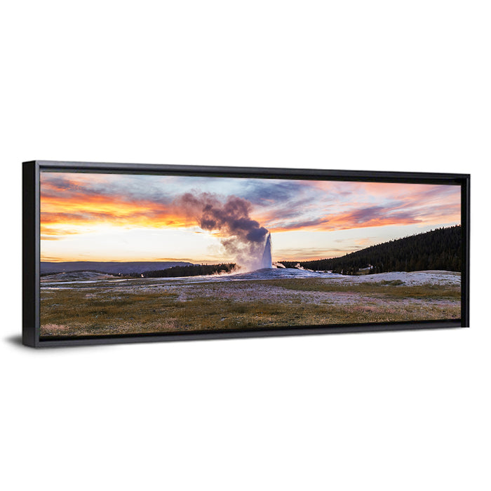 Old Faithful Erupting at Sunset Wall Art as a framed canvas