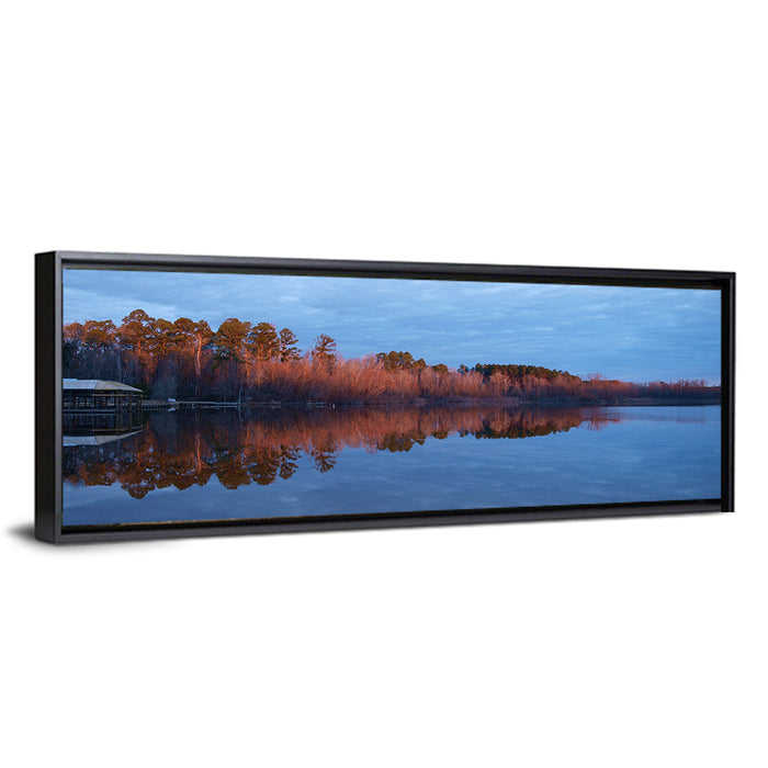 Lake Livingston Pier at Golden Hour Wall Art as a framed canvas