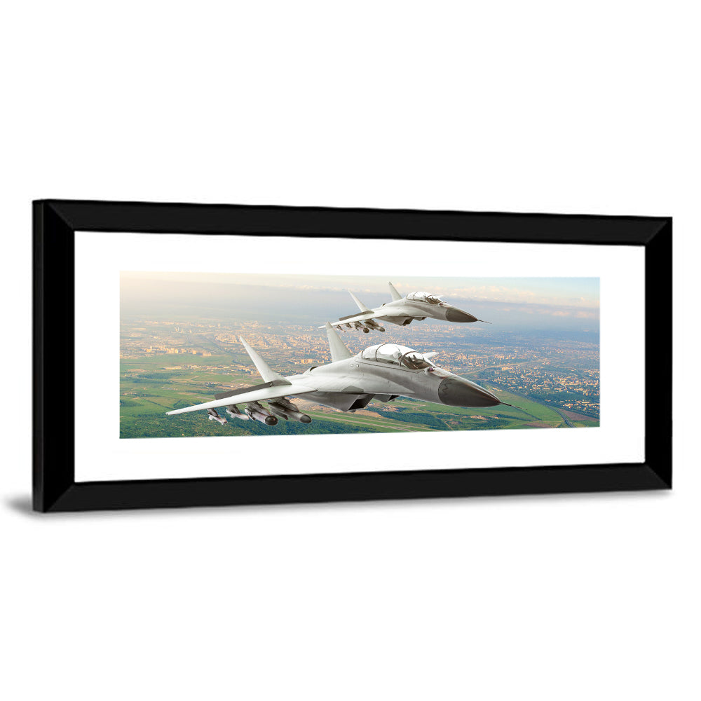 Twin Fighter Jets Over Cityscape Wall Art