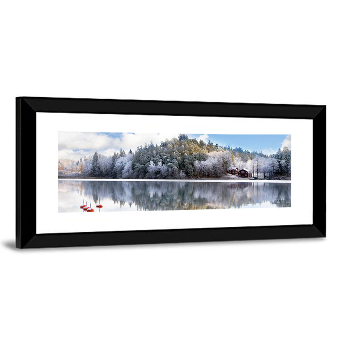 Red Cottages on Winter Lake Wall Art as a framed print