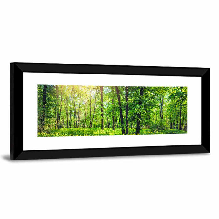 Sunlit Green Forest with Yellow Wildflowers Wall Art as a framed print