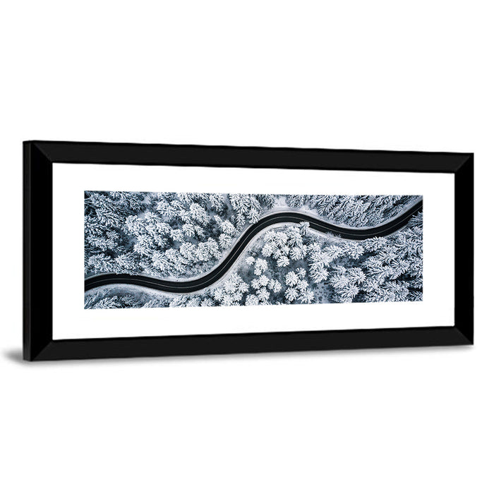 S-curve Winter Forest Road Wall Art as a framed print