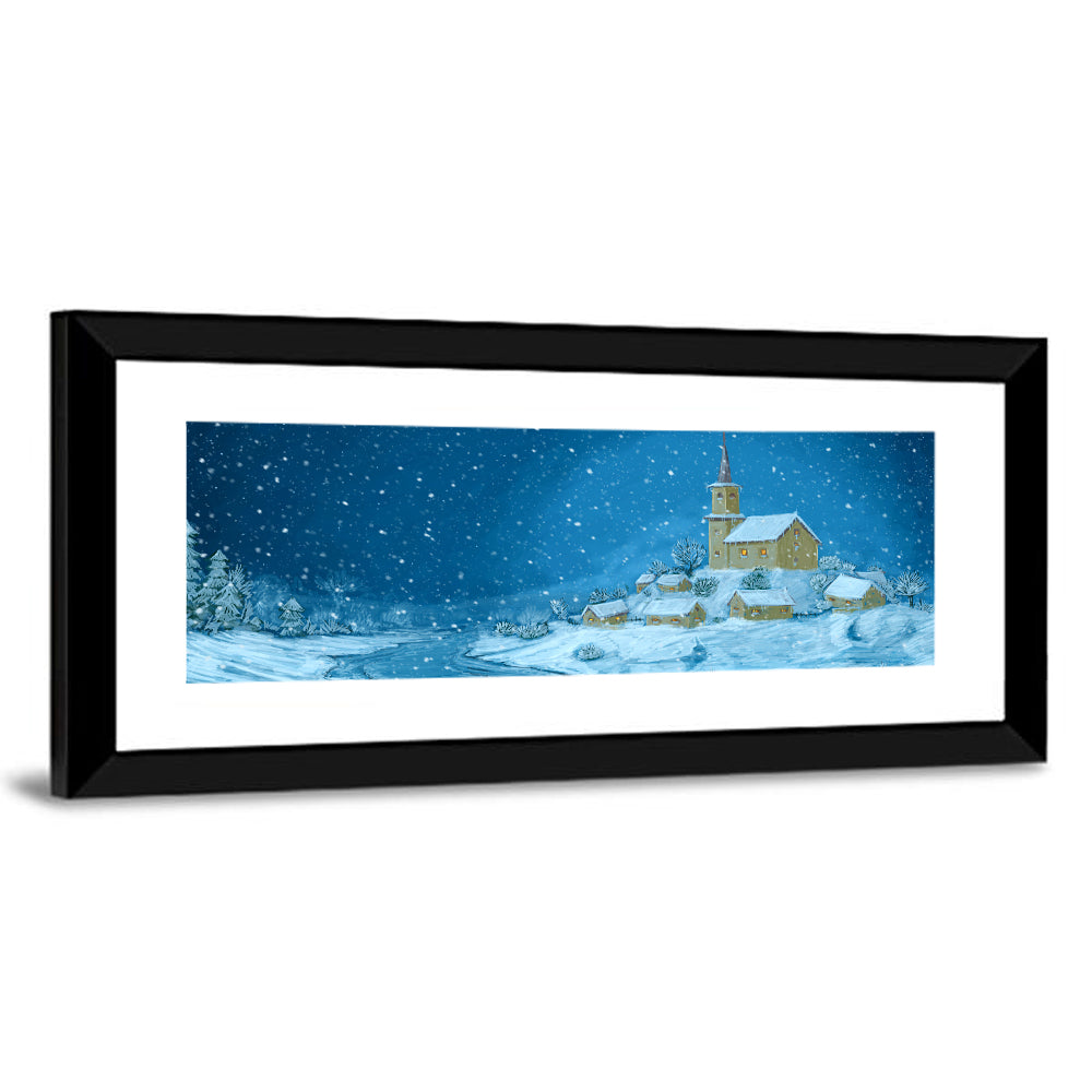 Snowy Winter Village Night Wall Art