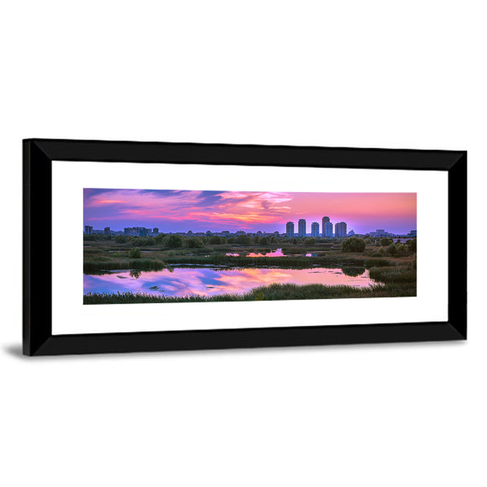 Vacaresti Park Sunset Reflection Wall Art as a framed print