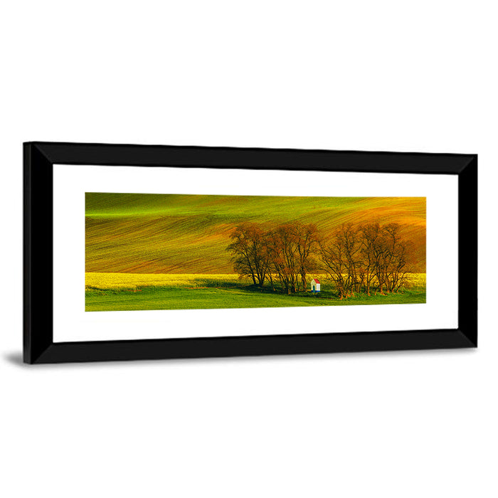 Moravian Wheat Fields with Chapel Wall Art as a framed print