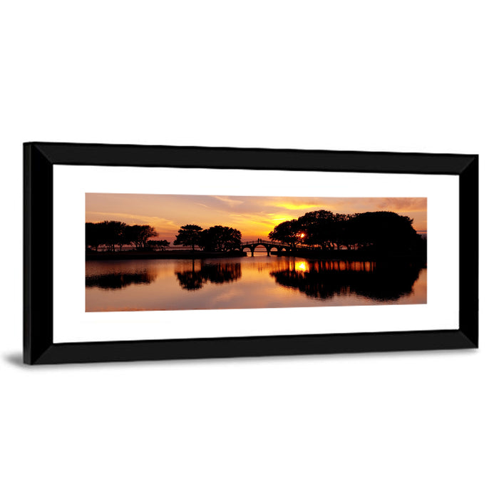 Tranquility Bridge at Sunset Wall Art as a framed print