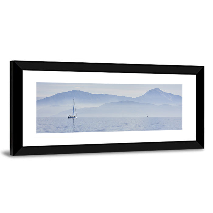 Sailboat and Misty Mountains Wall Art as a framed print
