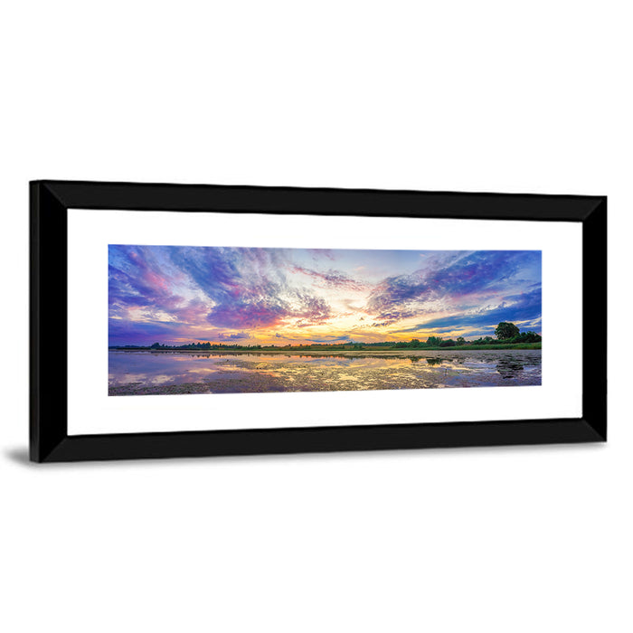 Golden Sunrise Over Lake Wall Art as a framed print