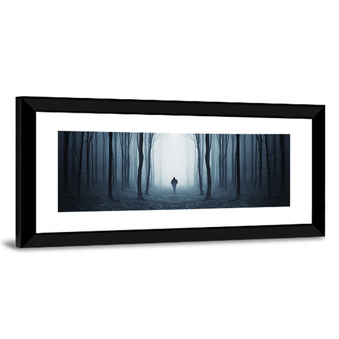 Lone Figure in Misty Forest Wall Art as a framed print