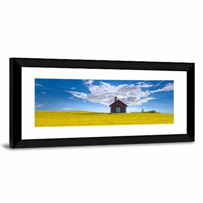 Red Barn in Golden Wheat Field Wall Art as a framed print