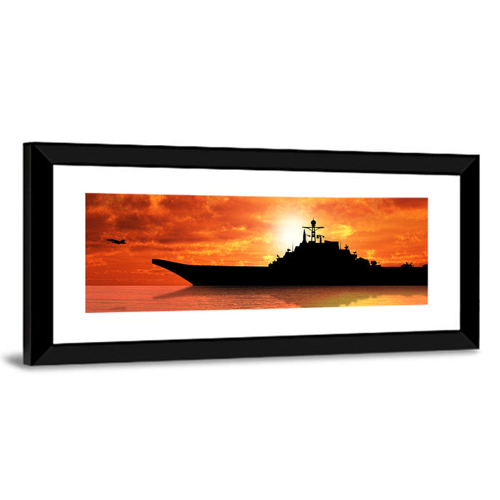 Sunset Aircraft Carrier Silhouette Wall Art as a framed print