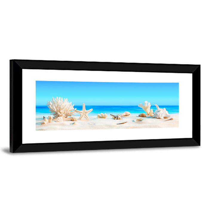 Seashells on Turquoise Shore Wall Art as a framed print