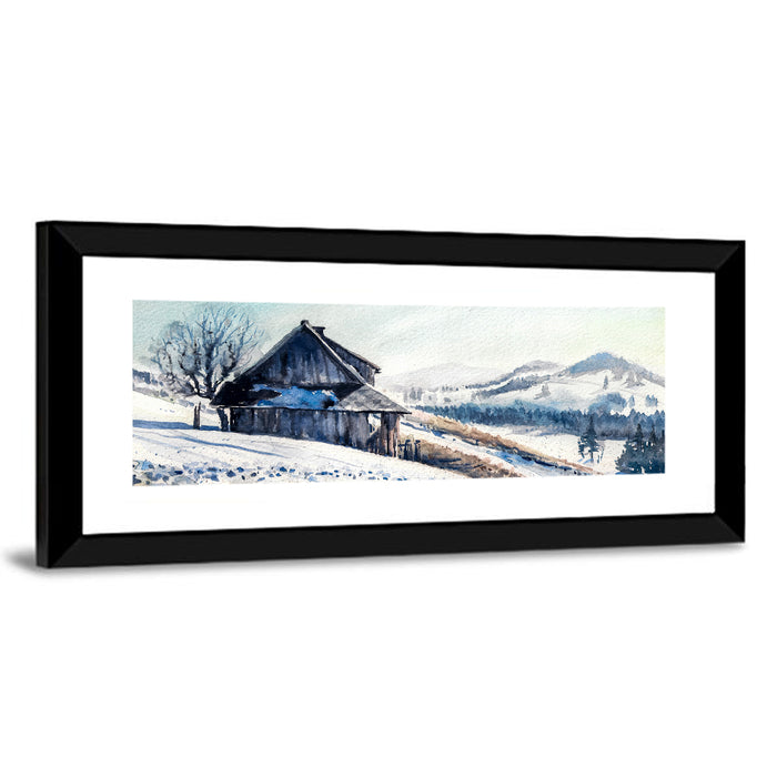 Snowy Mountain Cabin Wall Art as a framed print
