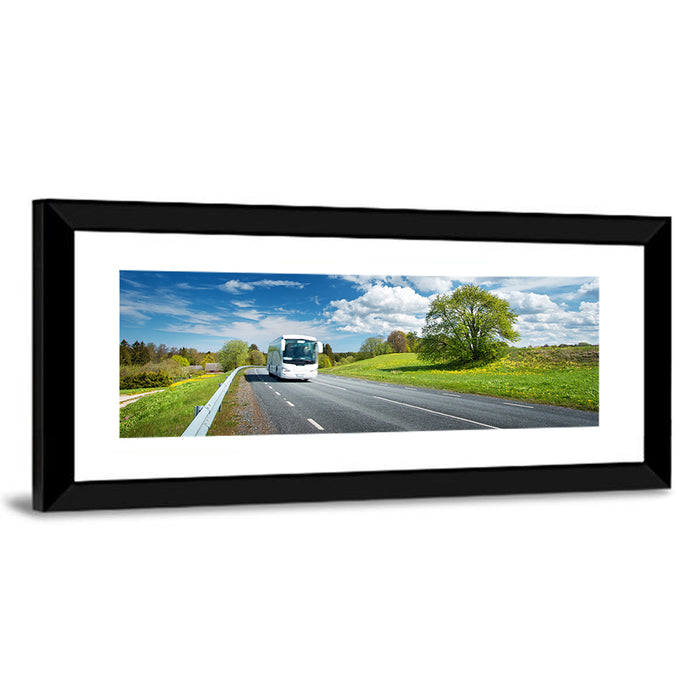 White Bus on Meadow Road Wall Art as a framed print