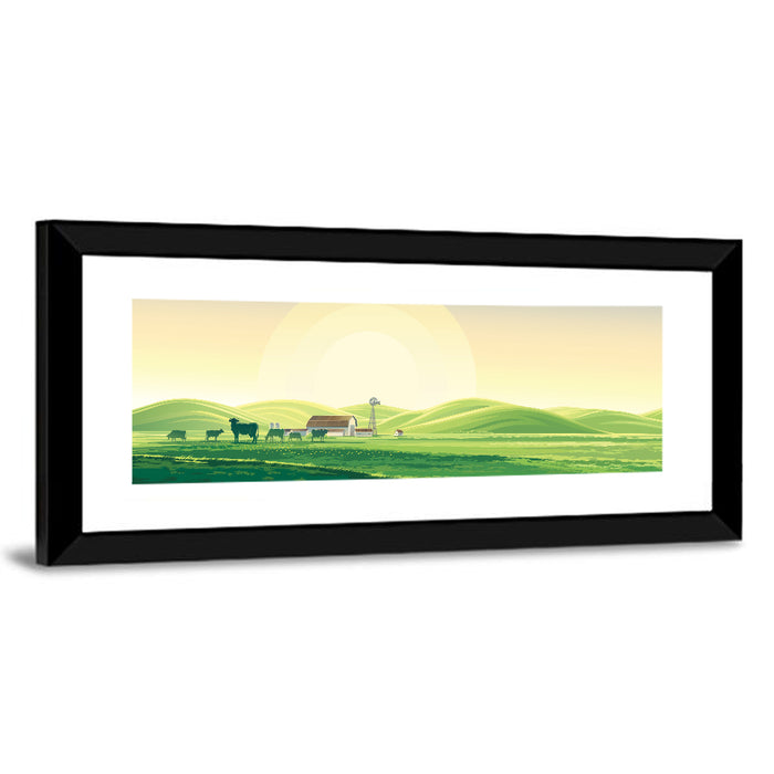 Pastoral Farm Landscape Illustration Wall Art as a framed print