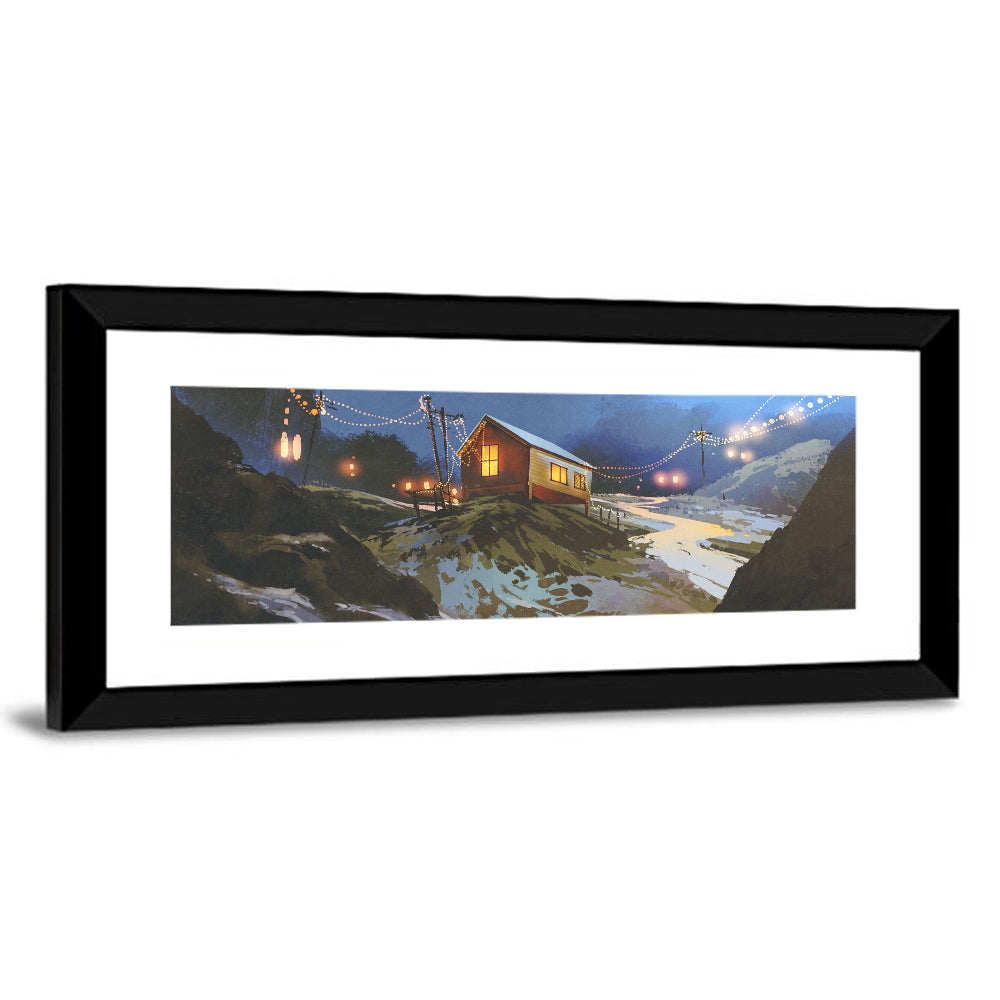 Wooden Cabin in Snowy Mountains Wall Art
