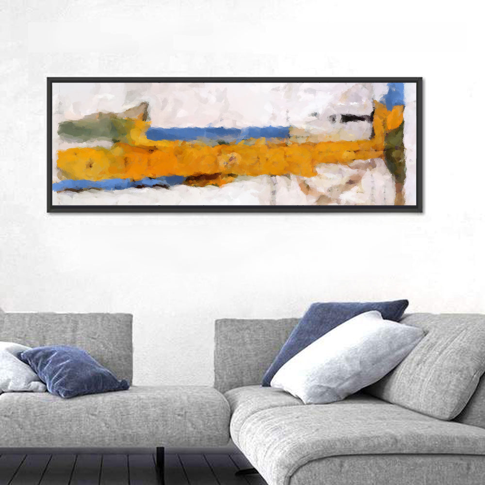 Lake Reflection in Yellow and Blue Wall Art in a room, panoramic