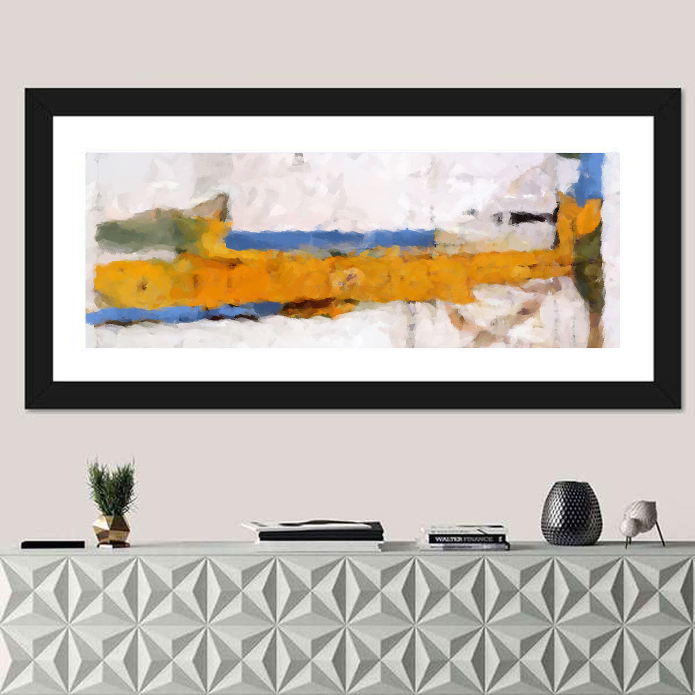 Lake Reflection in Yellow and Blue Wall Art in a room, panoramic