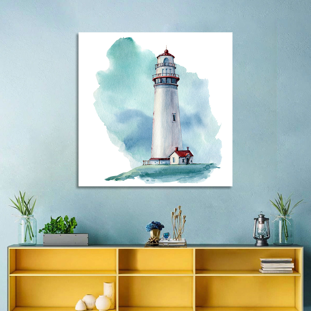 Red Roof Lighthouse Watercolor Wall Art