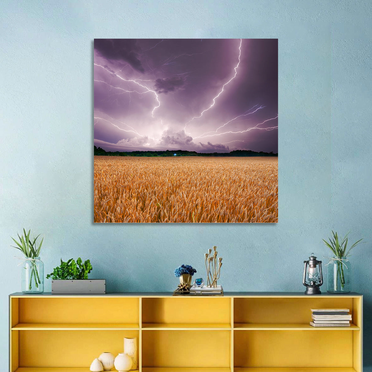 Lightning Over Wheat Field Wall Art in a room, square