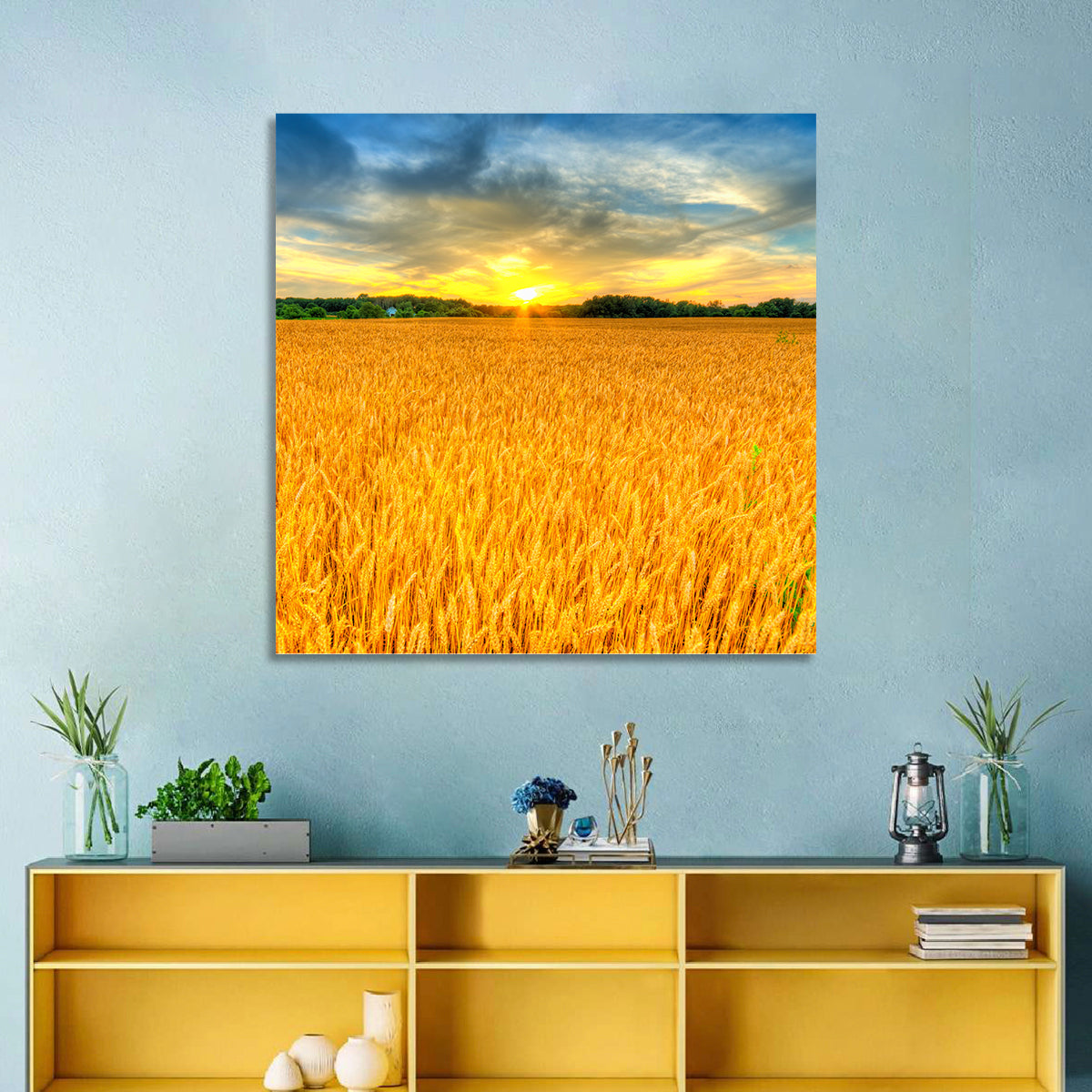Wheat Field Sunset Wall Art in a room, square