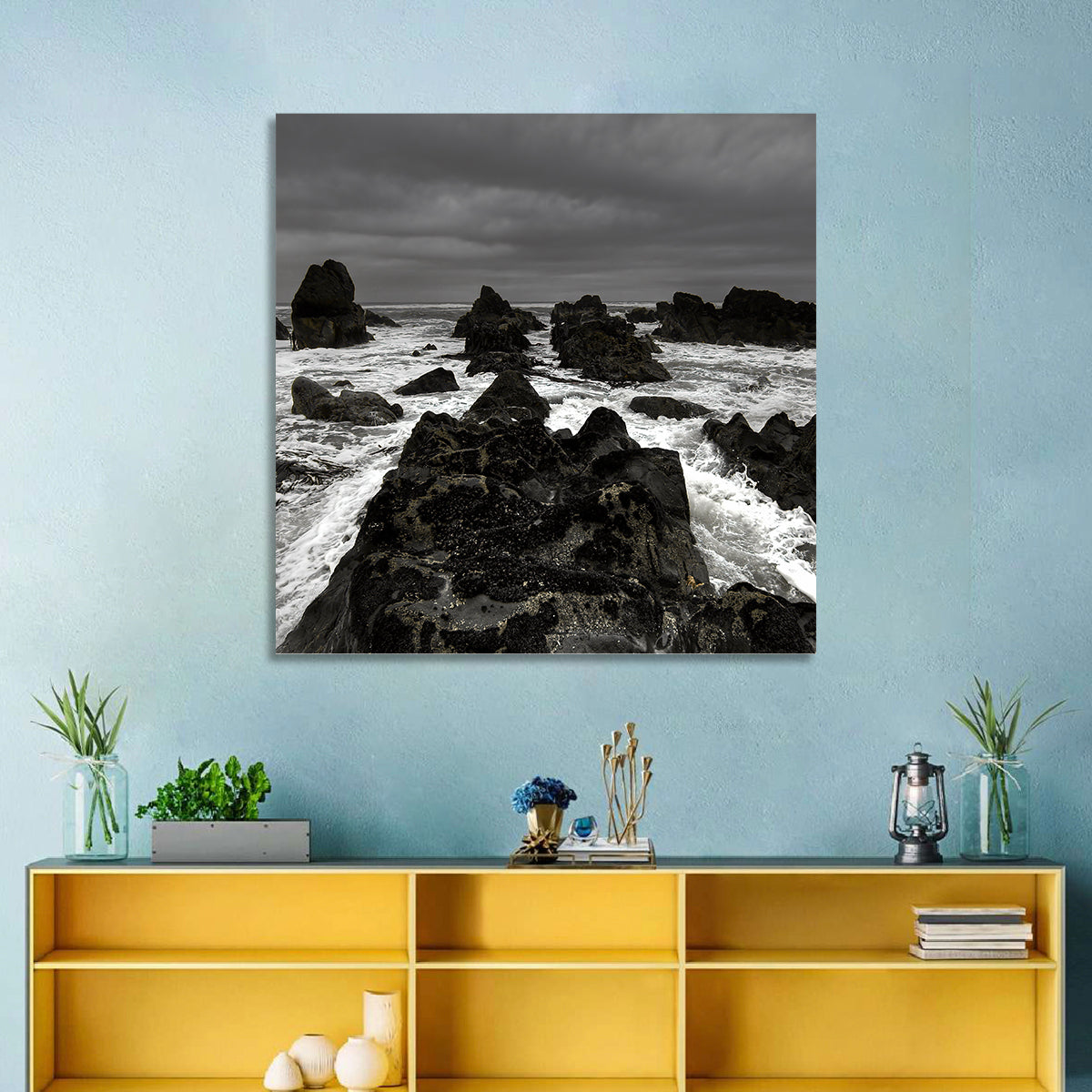 Moody Black and White Rocky Coast Waves Wall Art