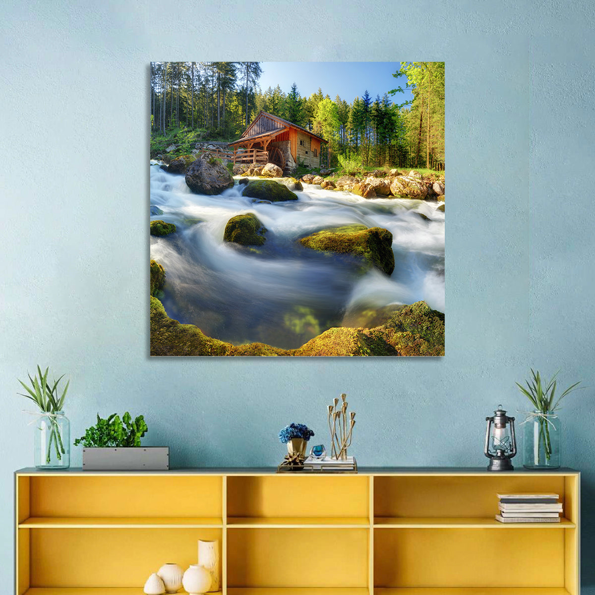 Salzburg Stream with Watermill Wall Art in a room, square