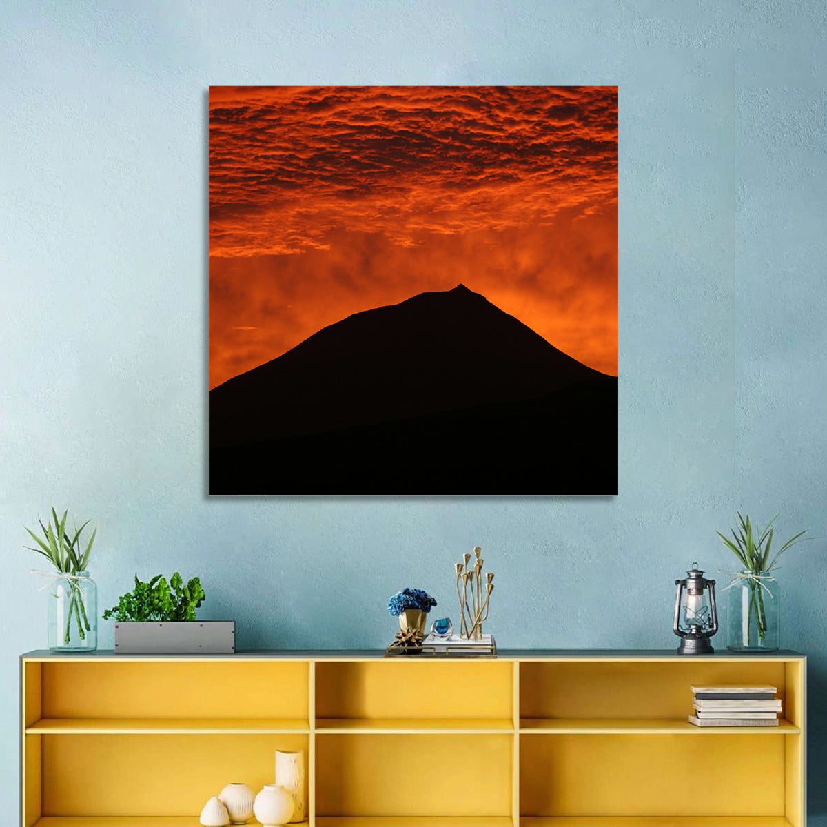 Pico Island Volcano Silhouette at Sunset Wall Art in a room, square